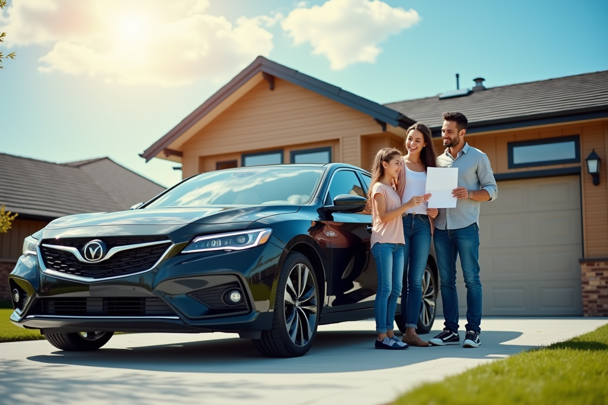 Famille heureuse avec voiture neuve devant maison lumineuse