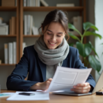 Jeune femme d'affaires française souriante avec documents auto
