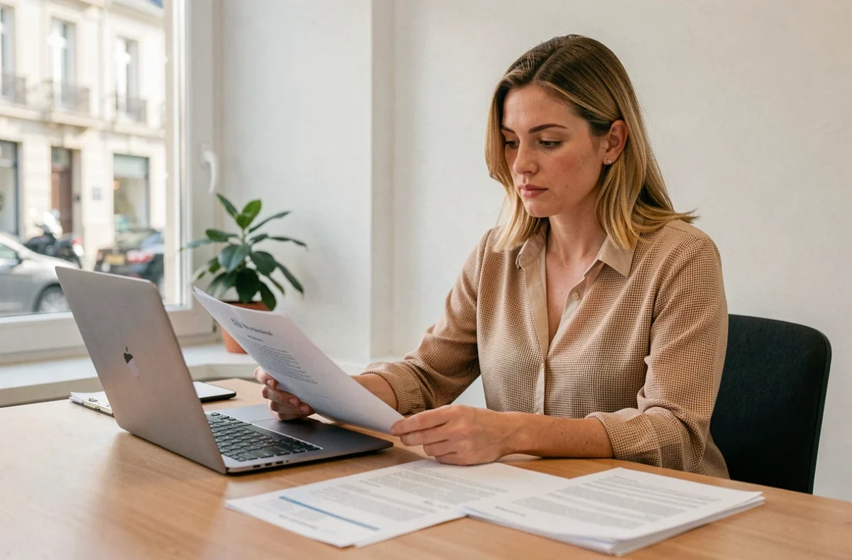 Femme consultant des documents d'assurance moto dans une agence moderne à Poitiers