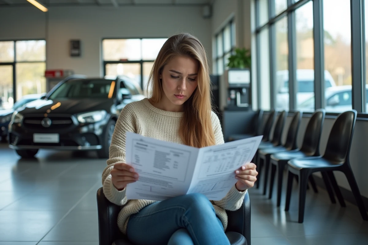 Jeune femme examinant un devis de réparation auto dans la salle d