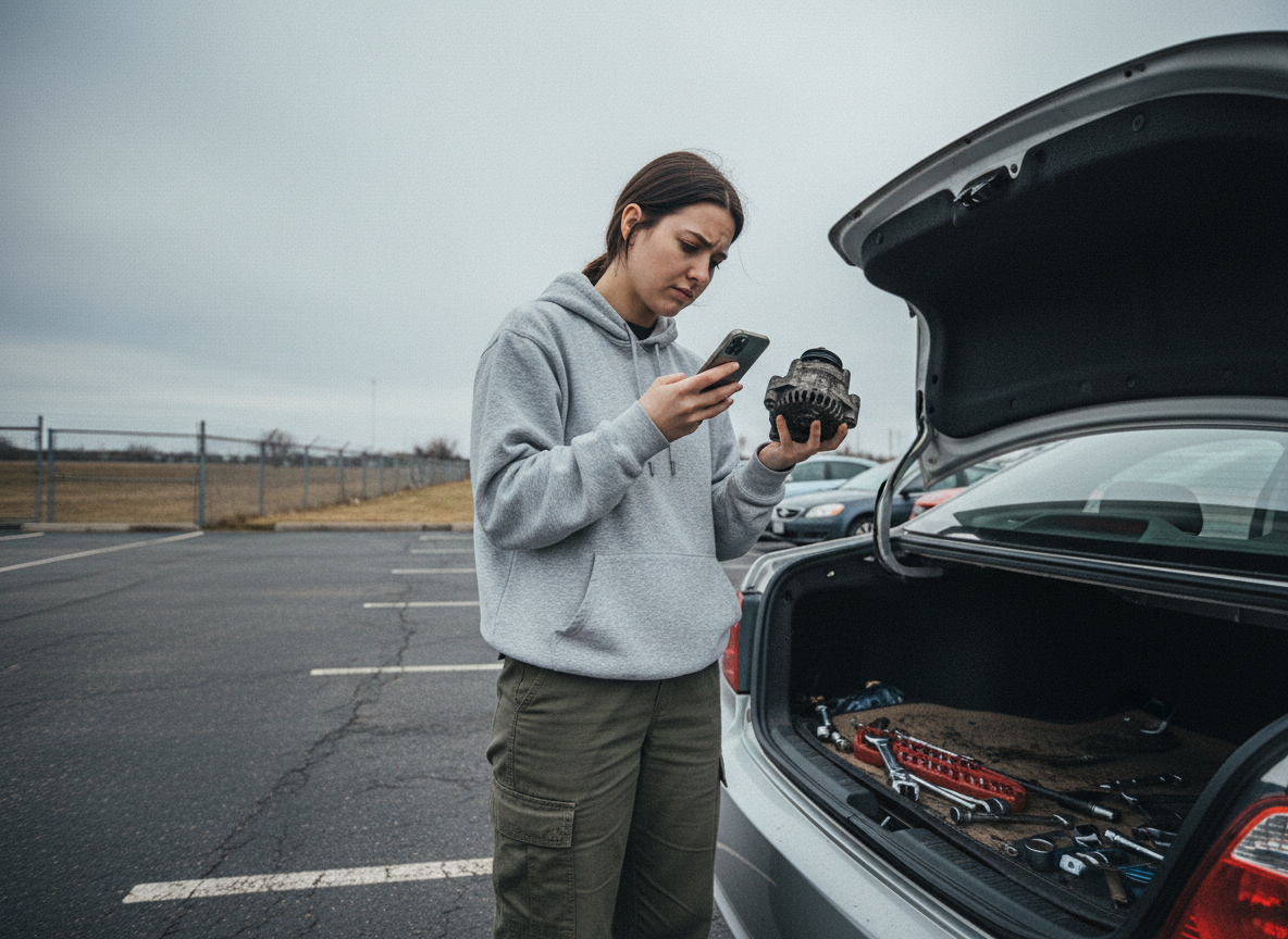 Jeune femme vérifiant son téléphone près du coffre de voiture