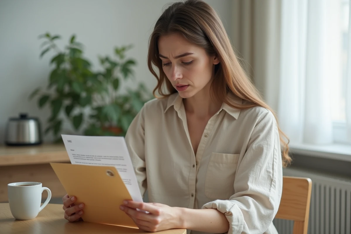 Femme lisant un avis de contravention de 5ème classe reçu par courrier officiel à son domicile