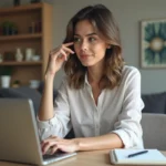 Femme en blouse regardant un ordinateur dans un bureau moderne