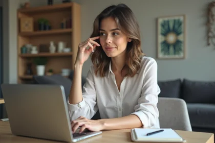 Femme en blouse regardant un ordinateur dans un bureau moderne