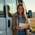 Jeune femme souriante vérifiant une carte près d'un van en pleine nature