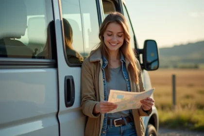 Jeune femme souriante vérifiant une carte près d'un van en pleine nature