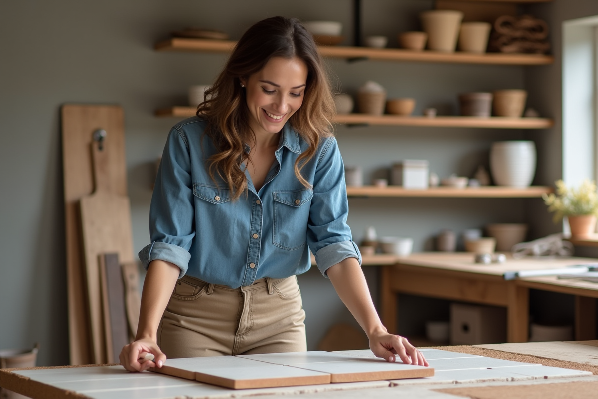 Femme inspectant des carreaux de sol dans un atelier créatif