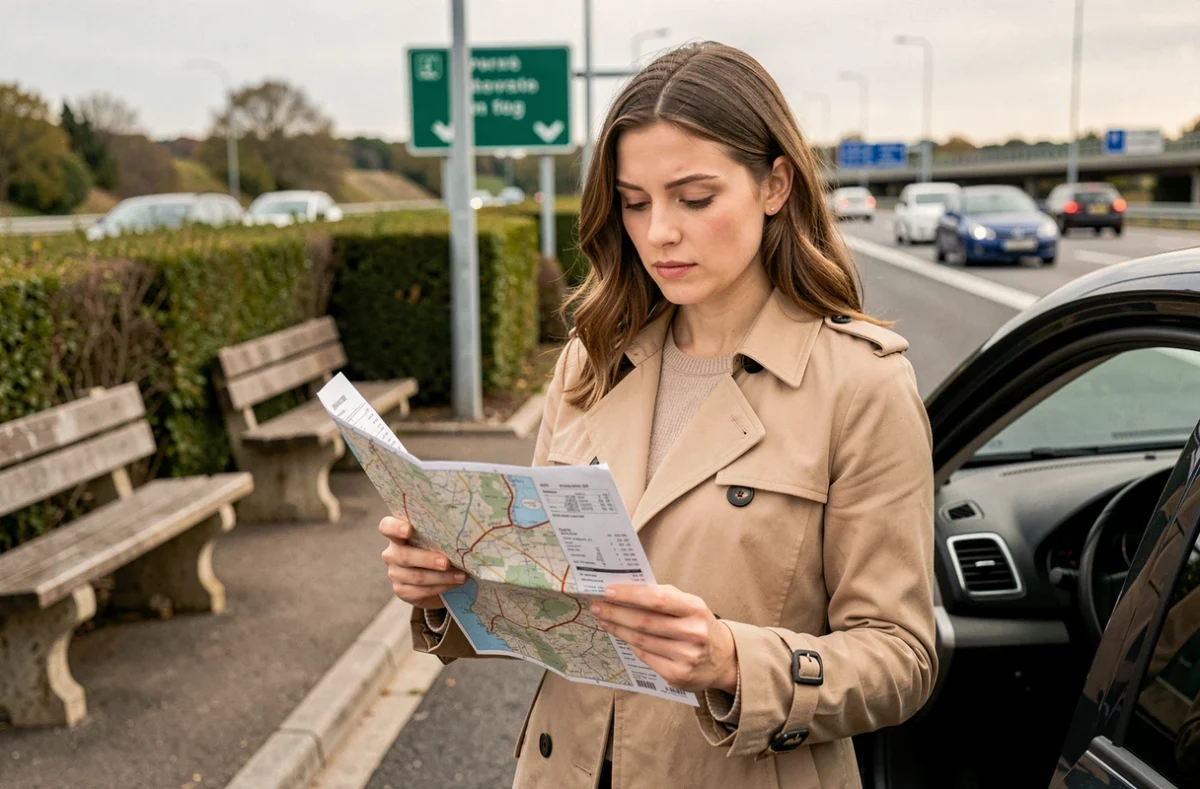 Jeune femme consultant une carte routière et un reçu de péage à une aire d'autoroute française, questionnant le coût des trajets