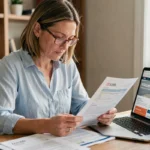 Femme consultant des documents d'assurance auto à son bureau à domicile, comparant les tarifs en ligne à Auch