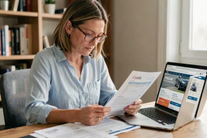 Femme consultant des documents d'assurance auto à son bureau à domicile, comparant les tarifs en ligne à Auch