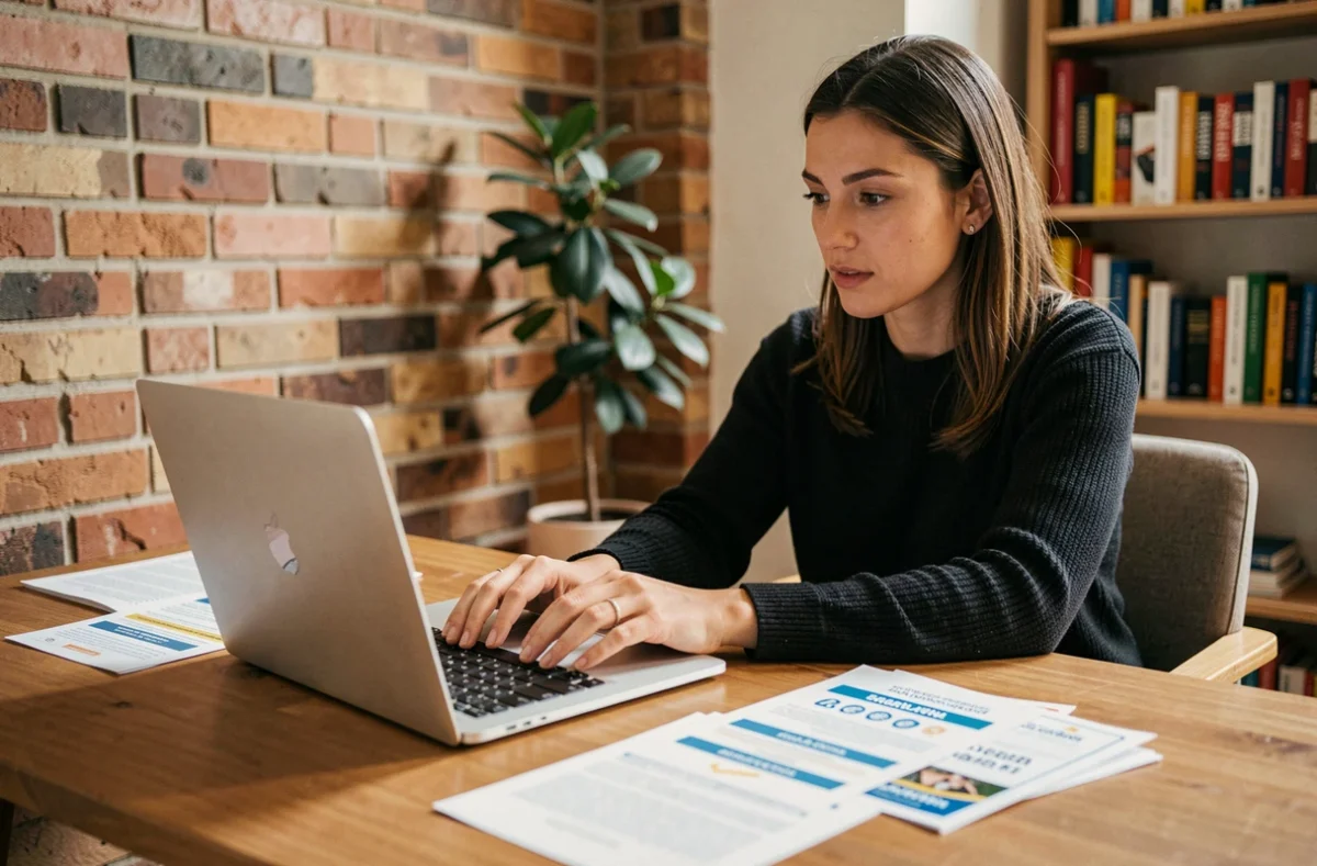 Femme comparant des offres d'assurance moto sur ordinateur portable et brochures papier dans un appartement