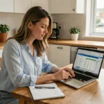 Femme comparant des offres d'assurance voiture pas chère sur un ordinateur portable dans une cuisine moderne