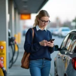 Femme regardant son smartphone pour comparer les prix du carburant