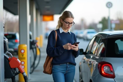 Femme regardant son smartphone pour comparer les prix du carburant