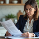 Femme concentrée lisant des papiers d'assurance voiture