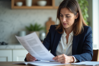Femme concentrée lisant des papiers d'assurance voiture