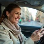 Femme souriante au volant avec smartphone dans une ville française