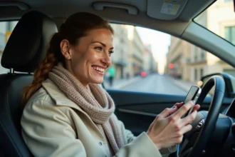 Femme souriante au volant avec smartphone dans une ville française