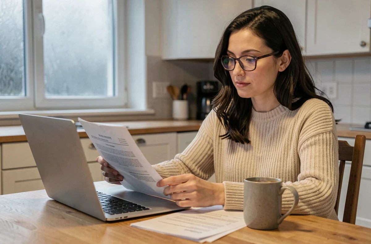 Femme consultant son contrat d'assurance moto en hiver à la maison sur ordinateur portable