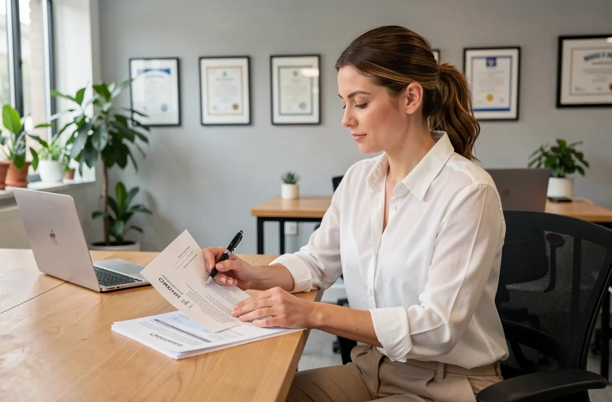 Femme signant un contrat d'assurance scooter 125cm3 dans une agence d'assurance moderne