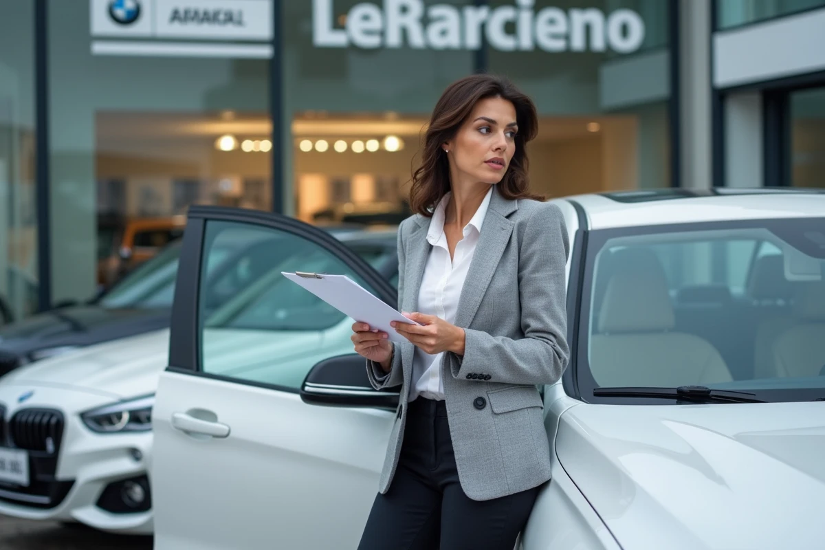 Femme examinant un contrat de leasing BMW dans un parking de concession automobile