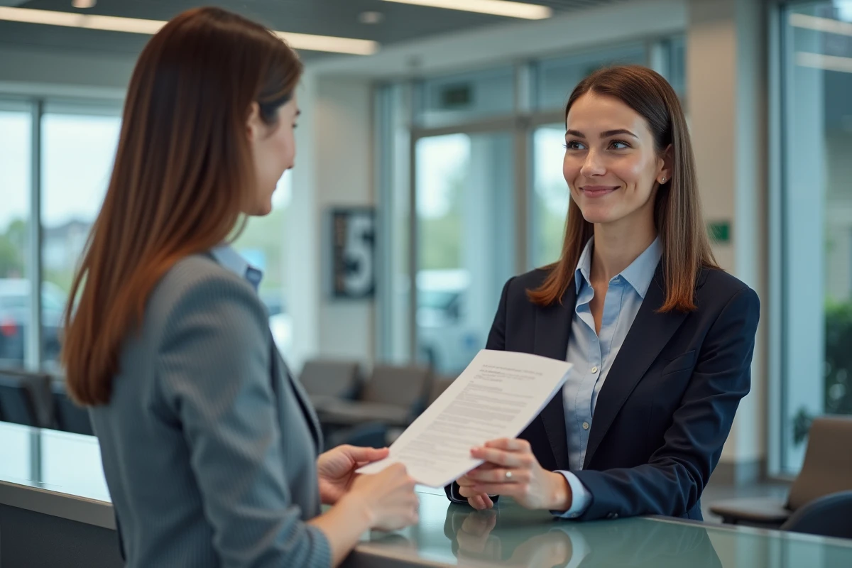 Femme remettant un document dans un concessionnaire automobile