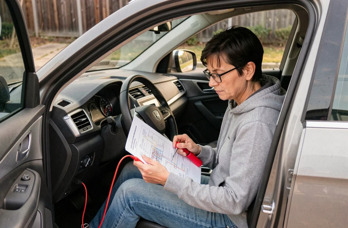 Femme consultant un schéma de câblage pour identifier le fil positif après contact dans un SUV garé dans une allée résidentielle