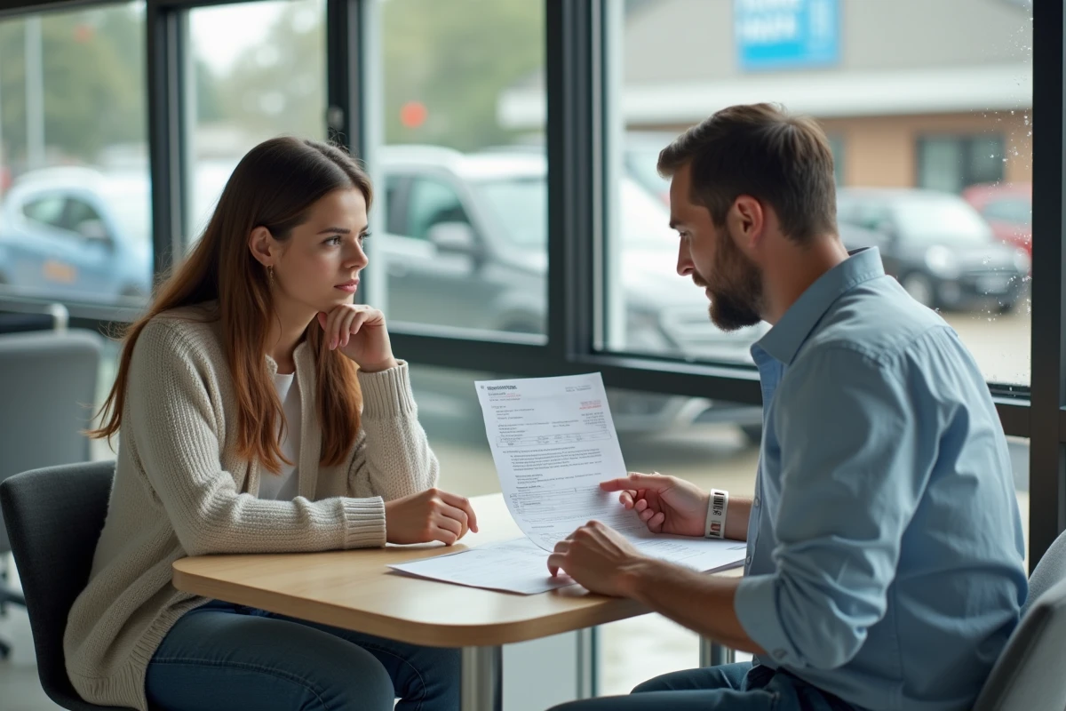 Femme parle avec un conseiller en atelier auto