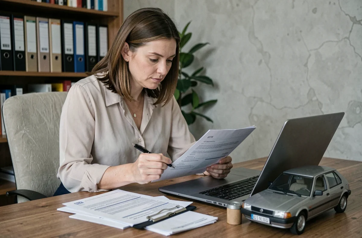 Femme consultant des documents d'assurance automobile pour une vieille voiture dans un bureau à domicile