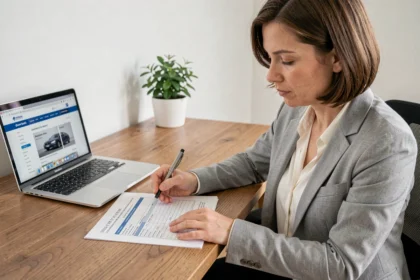 Femme consultant des documents de carte grise à son bureau à domicile
