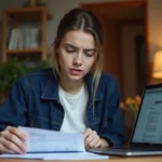 Jeune femme consultant des documents administratifs pour le renouvellement de son permis de conduire à domicile