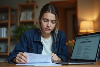 Jeune femme consultant des documents administratifs pour le renouvellement de son permis de conduire à domicile