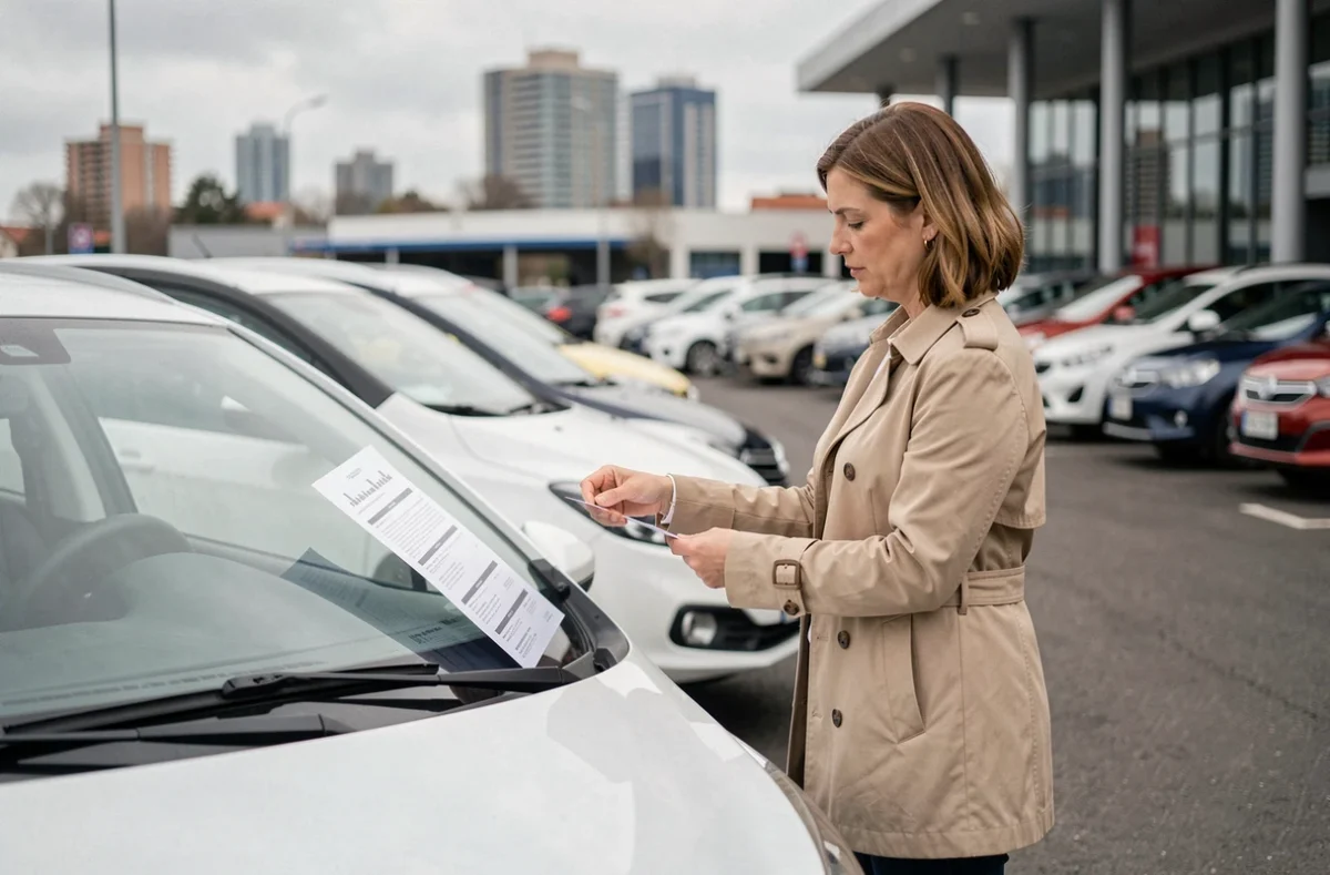 Femme lisant la fiche technique d'une voiture essence d'occasion dans un parking de concessionnaire
