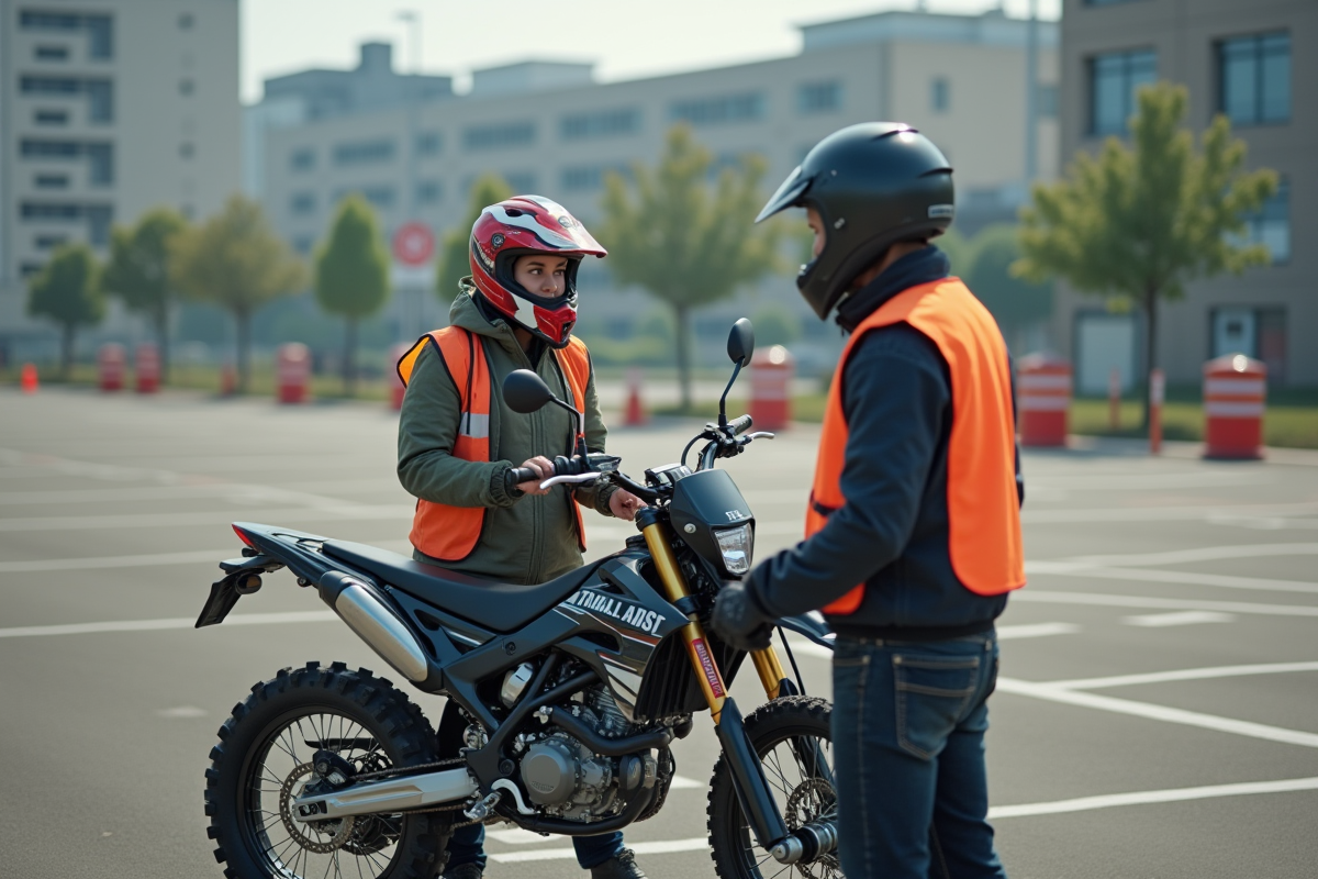 Femme discutant avec instructeur de moto dans un lot urbain