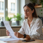 Femme française examinant un duplicata de carte grise dans sa cuisine