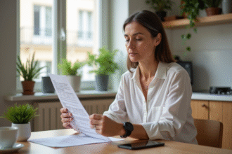 Femme française examinant un duplicata de carte grise dans sa cuisine