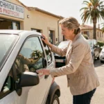 Femme inspectant une voiture sans permis d'occasion dans une concession automobile à Dax