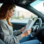 Jeune femme lisant un PDF dans une voiture en ville