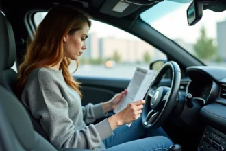 Jeune femme lisant un PDF dans une voiture en ville
