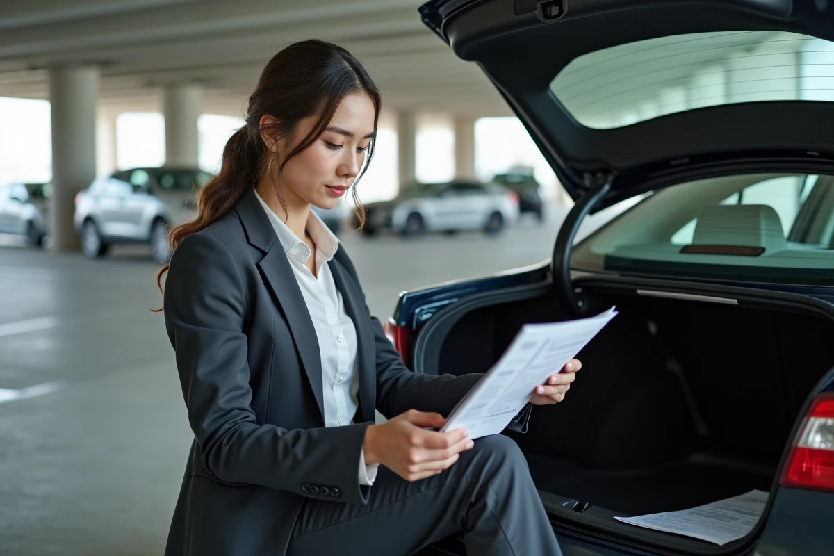 Femme lisant une brochure dans le coffre d