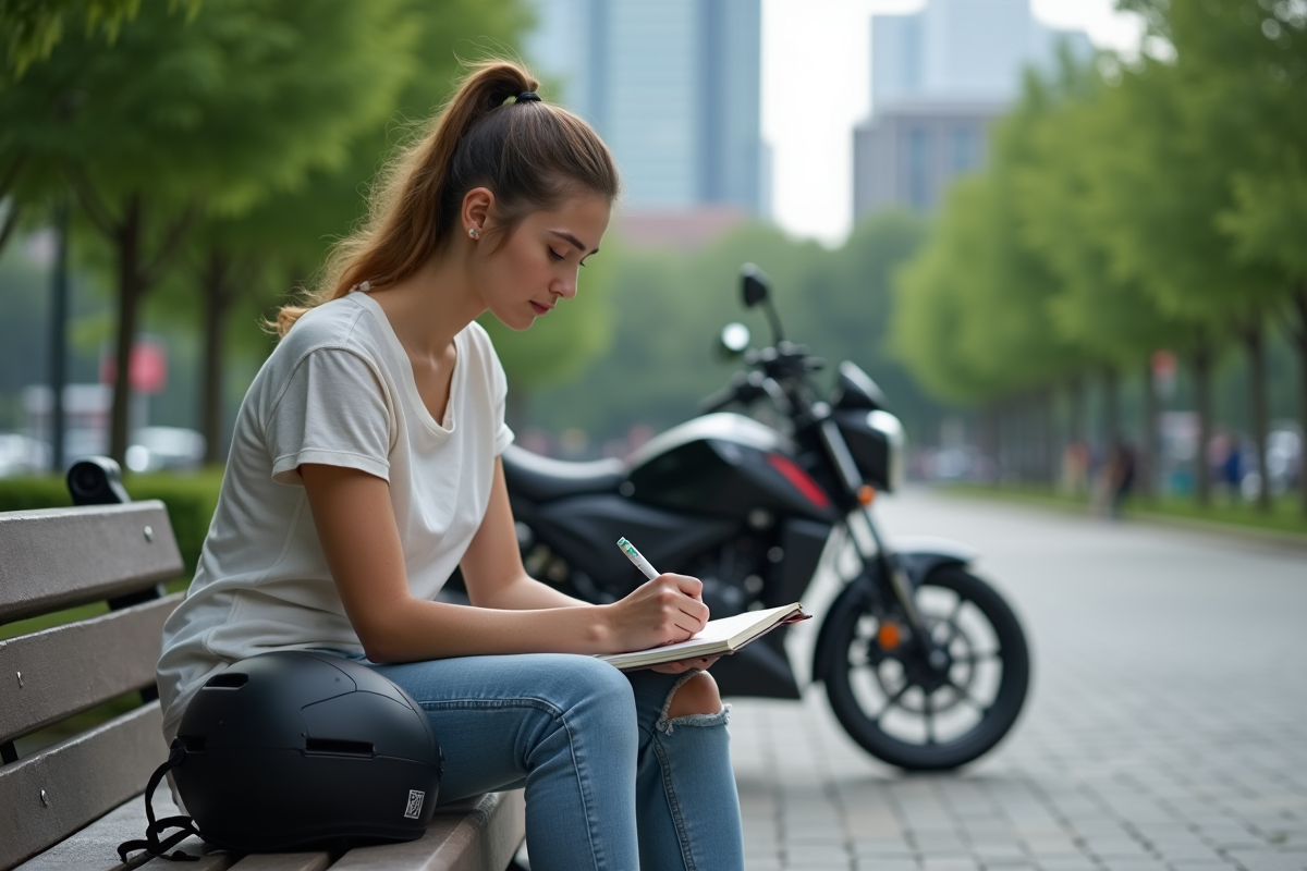 Jeune femme notant le kilométrage de sa moto dans un parc urbain