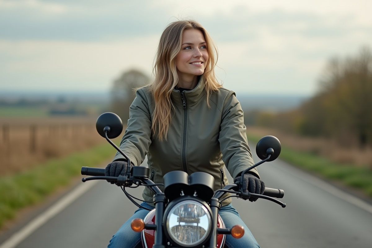 Femme en équipement de moto dans la campagne