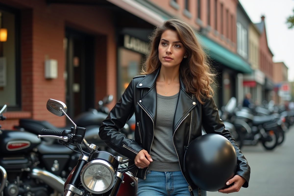 Jeune femme examine une moto devant un magasin