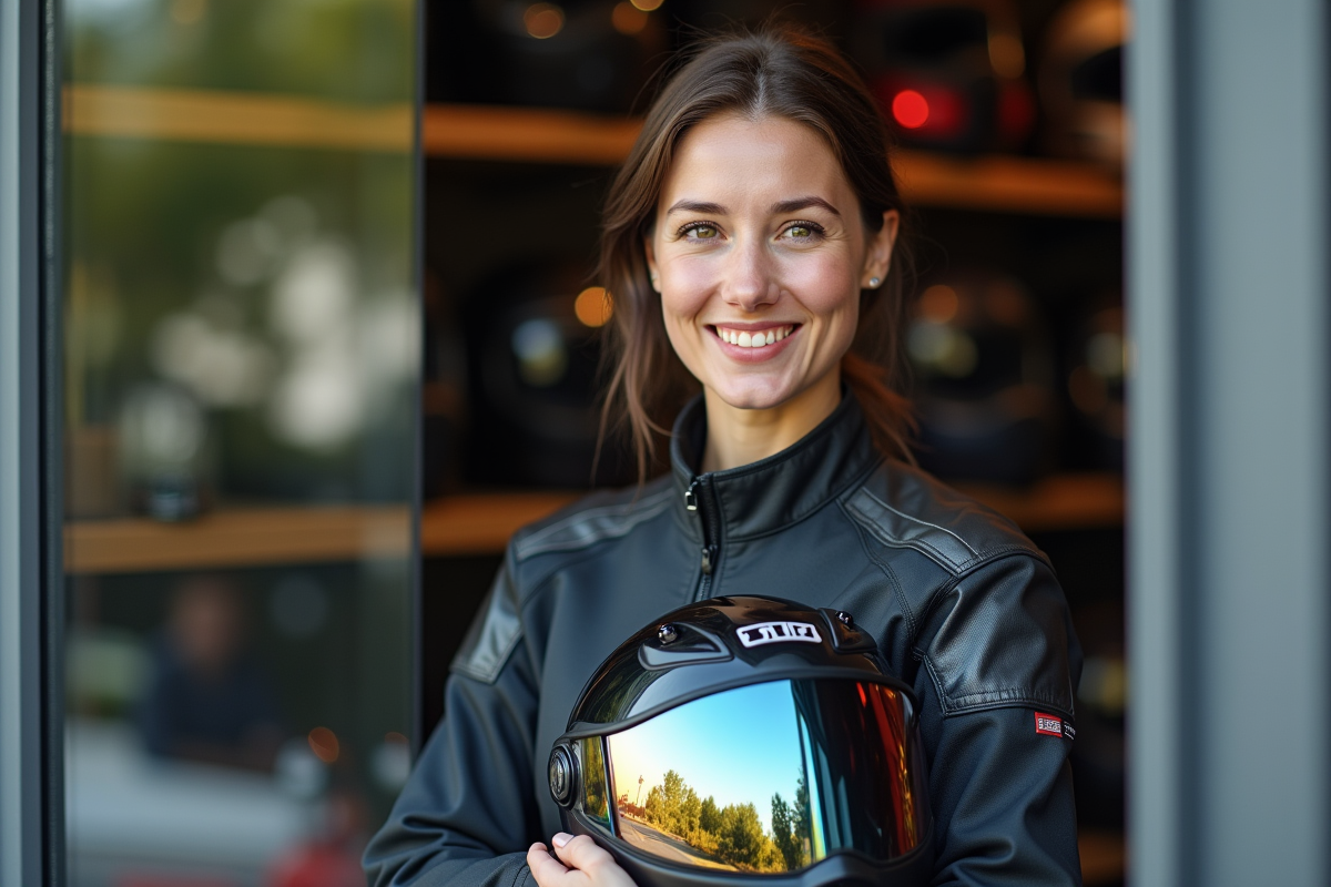 Femme motard dans un magasin de casques