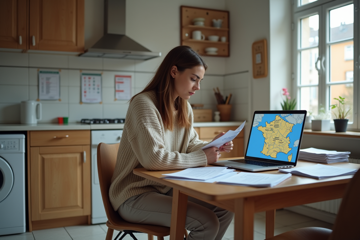 Femme concentrée avec documents et carte régionale en cuisine