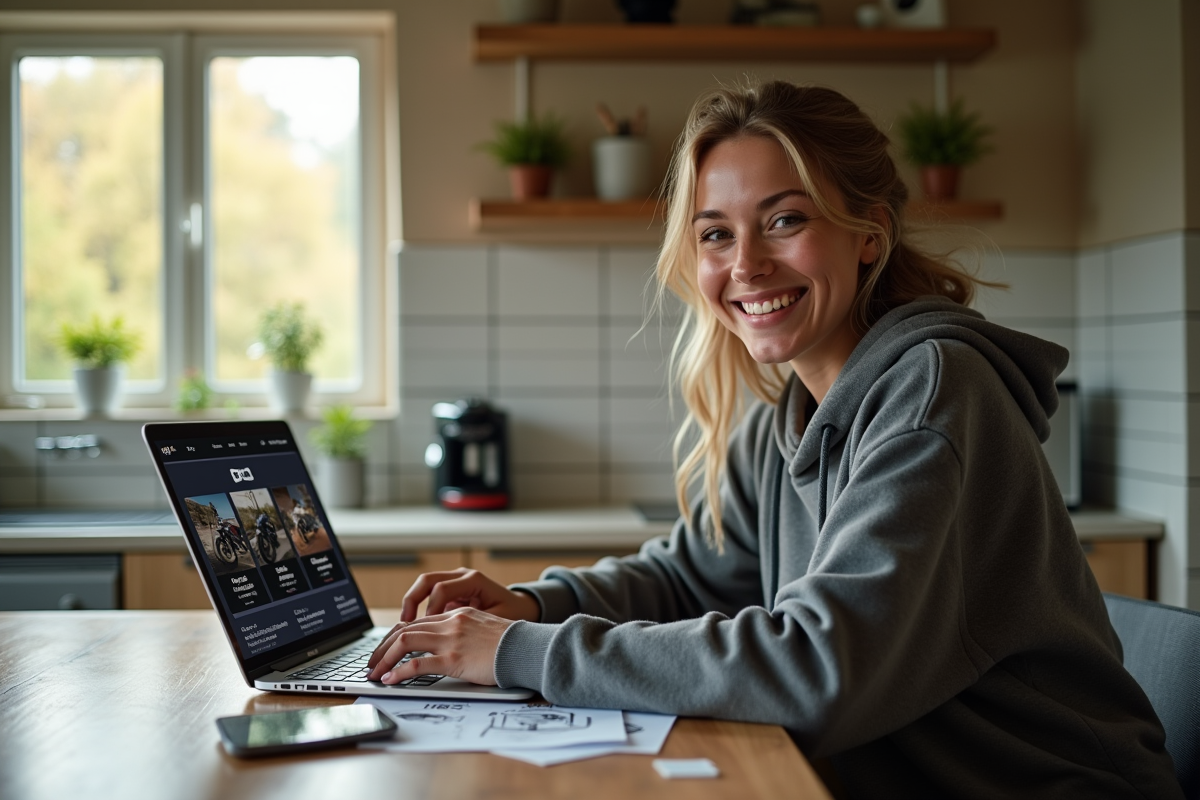 Femme souriante utilisant un ordinateur pour acheter une moto