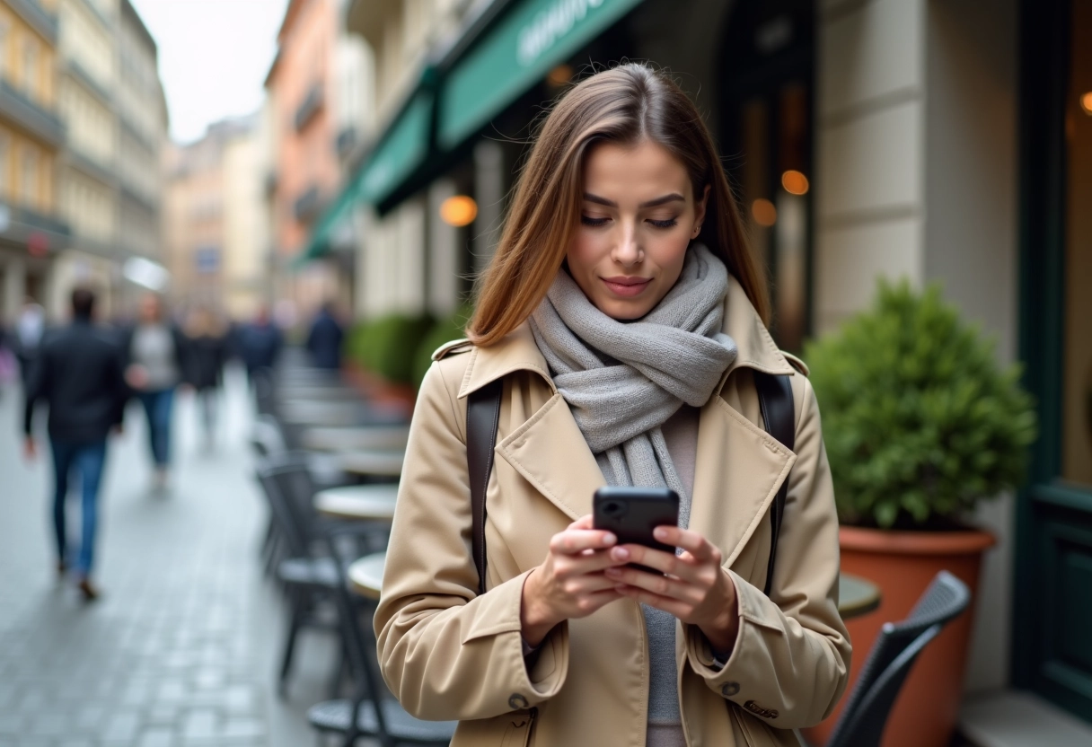 Femme effectuant un paiement digital avec son smartphone en terrasse