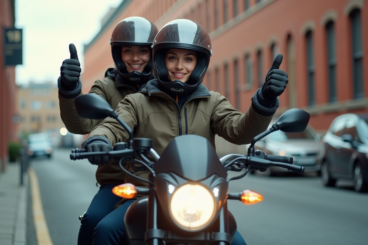 Femme en moto en ville avec un homme en casque