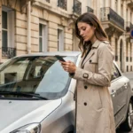 Femme utilisant l'application PayByPhone pour payer son stationnement dans une rue parisienne avec des immeubles haussmanniens en arrière-plan