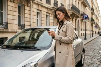 Femme utilisant l'application PayByPhone pour payer son stationnement dans une rue parisienne avec des immeubles haussmanniens en arrière-plan